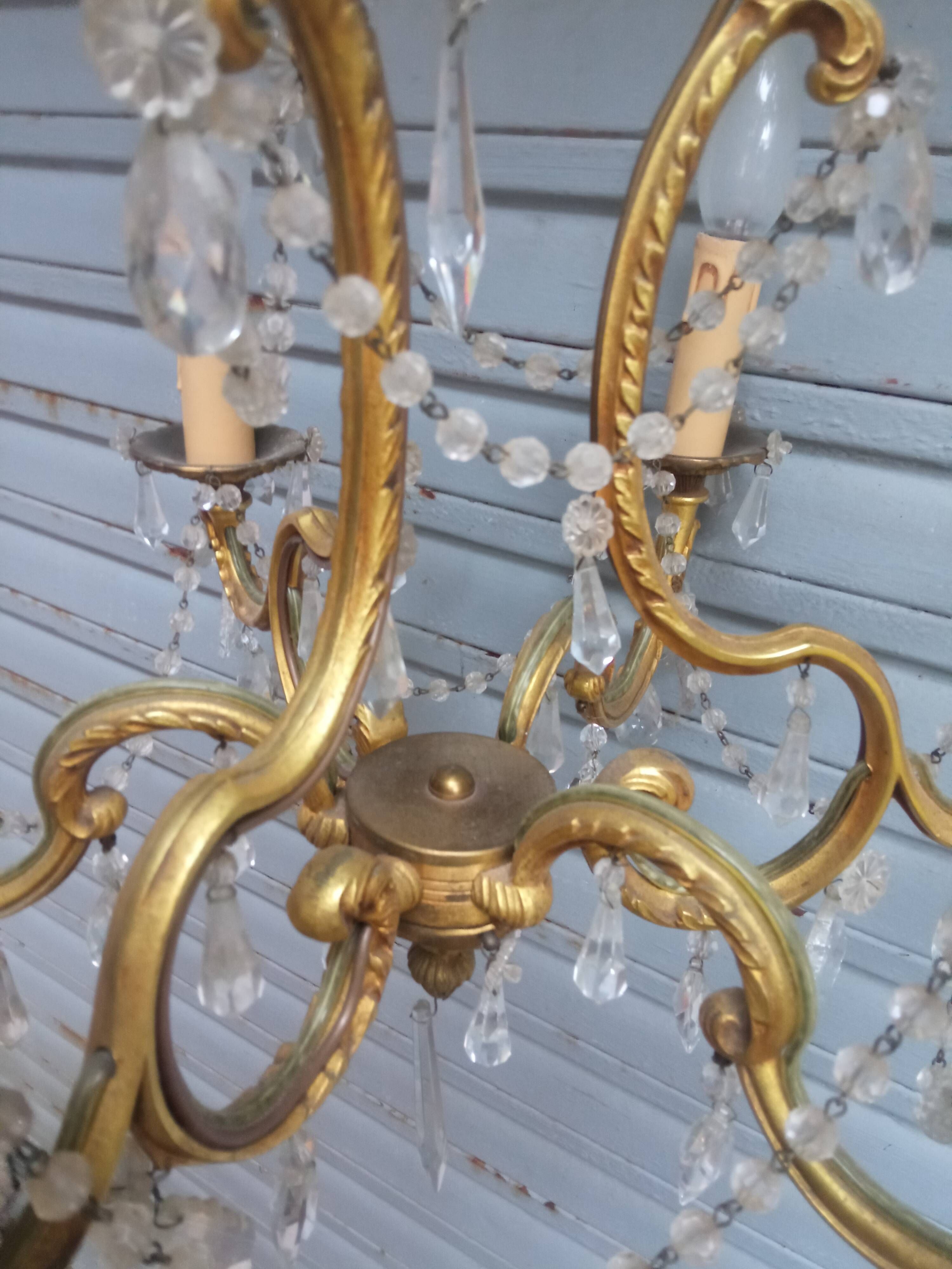 Antique cage chandelier in gilded bronze and crystal, 6 lights / working condition l gau