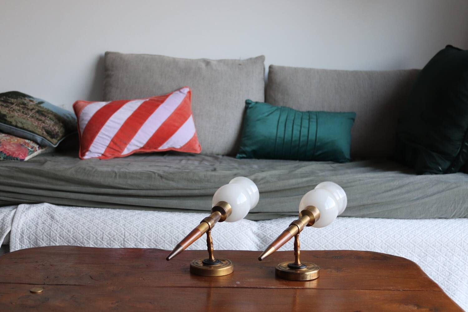 Pair of vintage Lunel house wood and brass wall lights