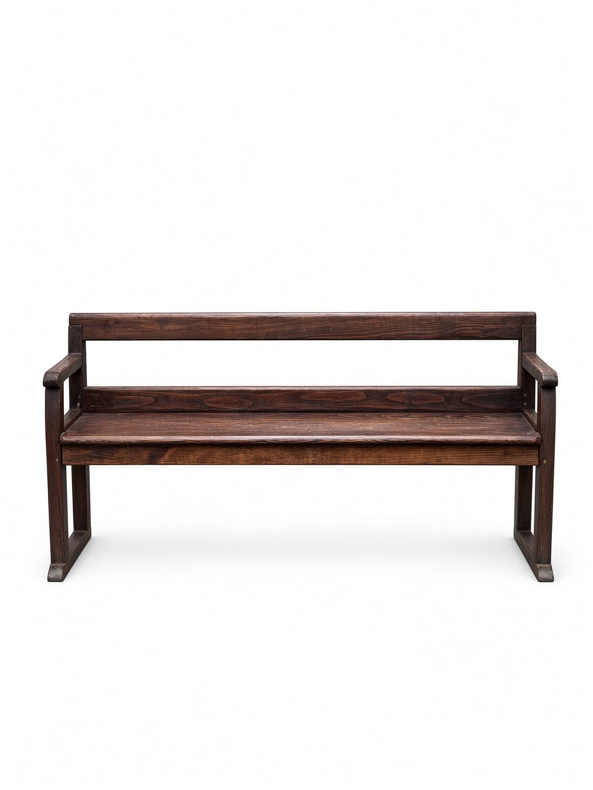 Old wooden bench with backrest and armrests
