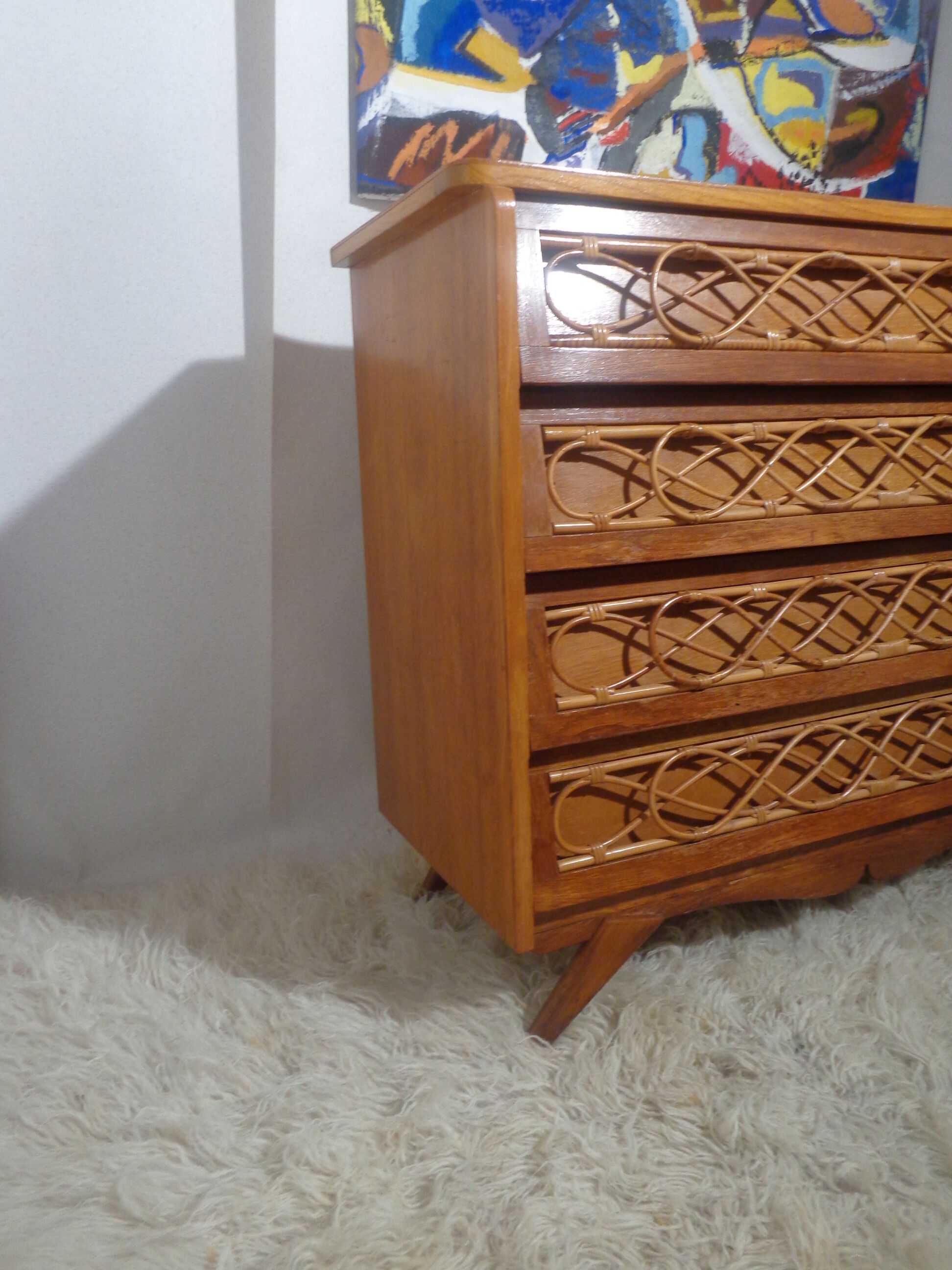 Chest of drawers wood and rattan Louis Sognot 1950 foot compass