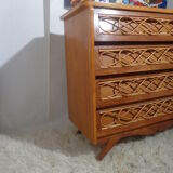Chest of drawers wood and rattan Louis Sognot 1950 foot compass