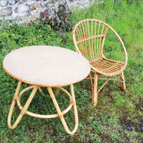 Old armchair & table for children in rattan