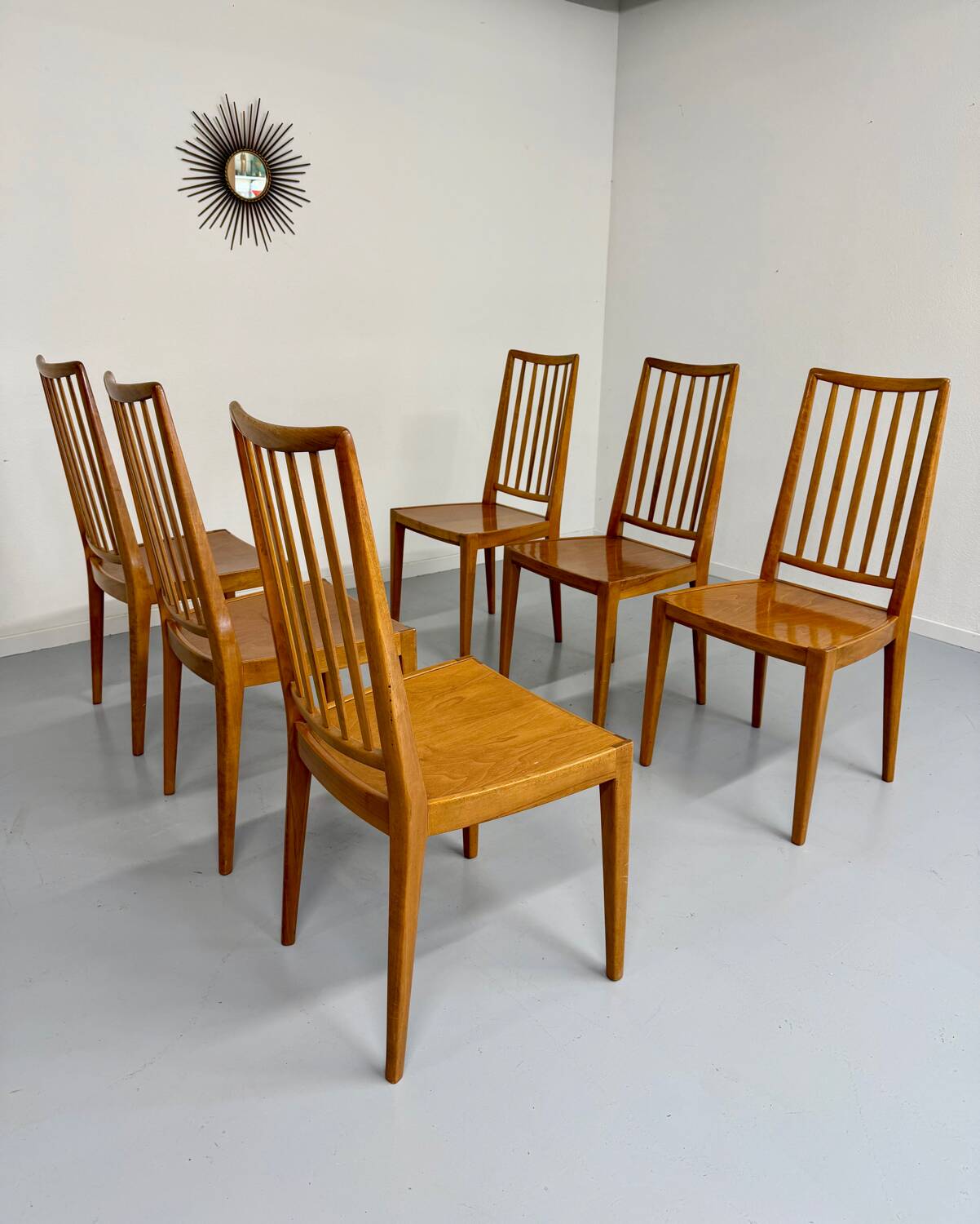 Lot de 6 chaises en hêtre massif vintage bois bicolore design annee 60