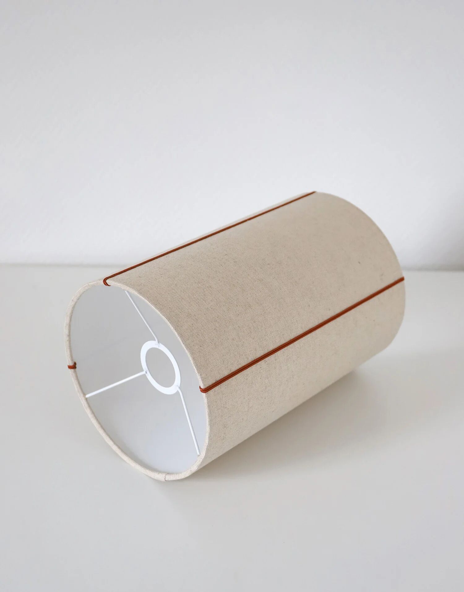 Recycled vintage lamp — honey ceramic base, natural linen shade