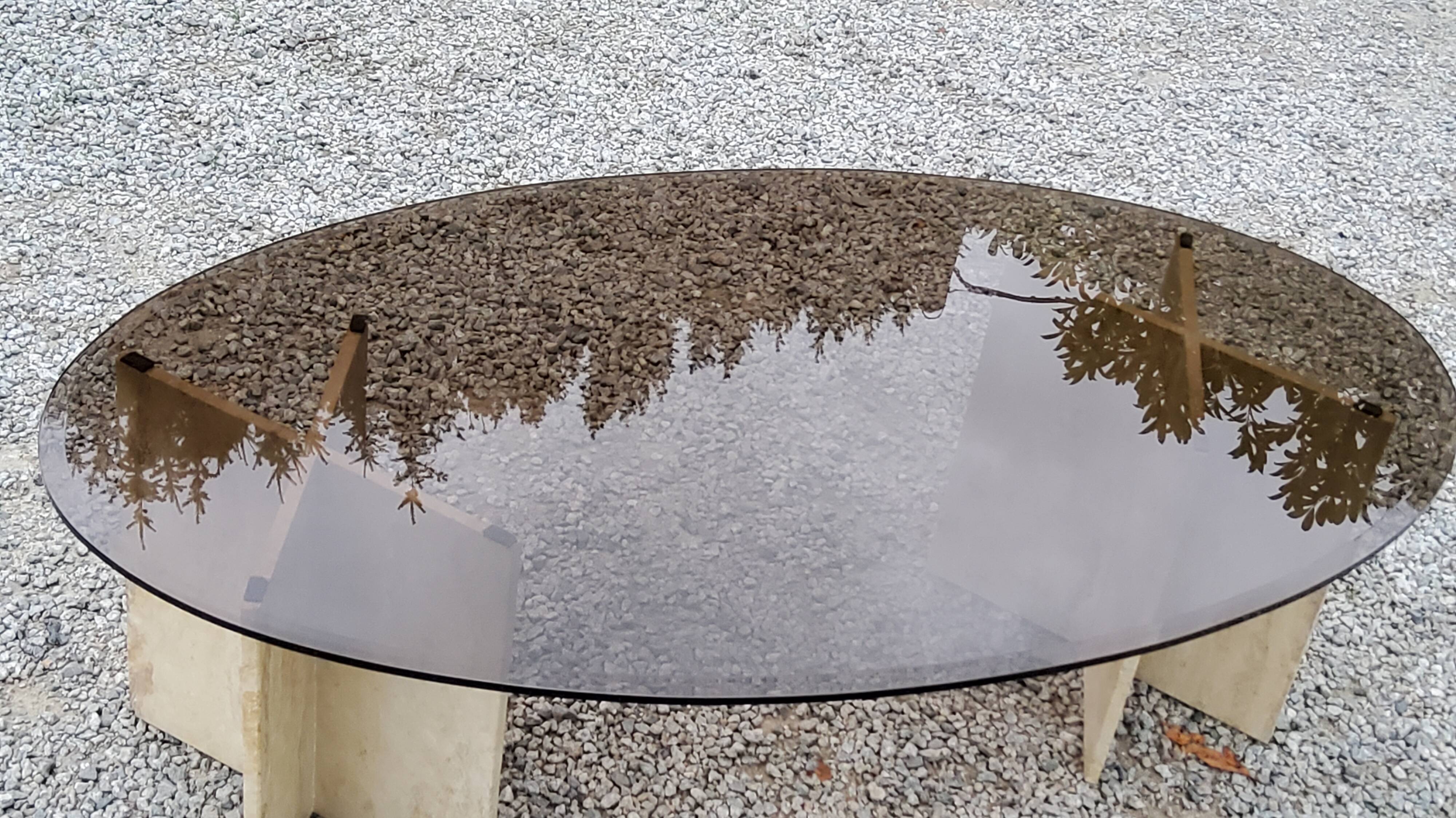70s travertine and smoked glass designer coffee table
