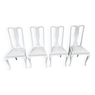 4 Chaises Anglaises Chippendale laquées blanches avec assises simili cuir