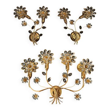 Set von 3 Palwa Wandlampen vergoldet Messing Swarovski-Kristalle 1950-70er