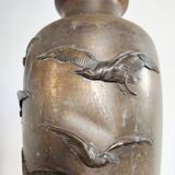 Large Art Deco vase in patinated brass, relief decoration of birds – year