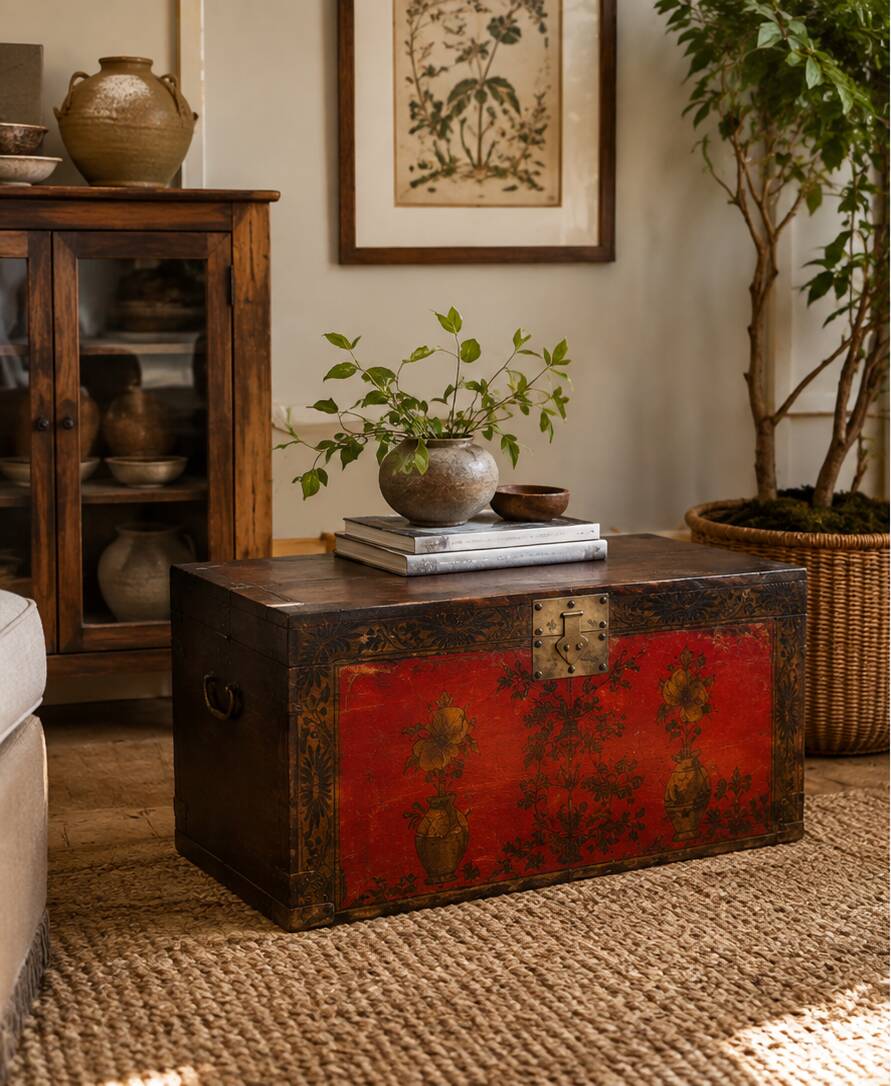 Antique Chinese Red Lacquered Trunk with Hand-Painted Floral Decorations