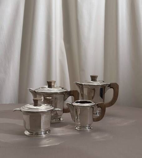 Silver-plated coffee and tea set with a wooden handle