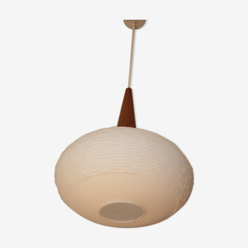 Opaline and teak hanging lamp by Louis Kalff for Philips