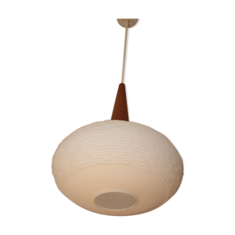 Opaline and teak hanging lamp by Louis Kalff for Philips