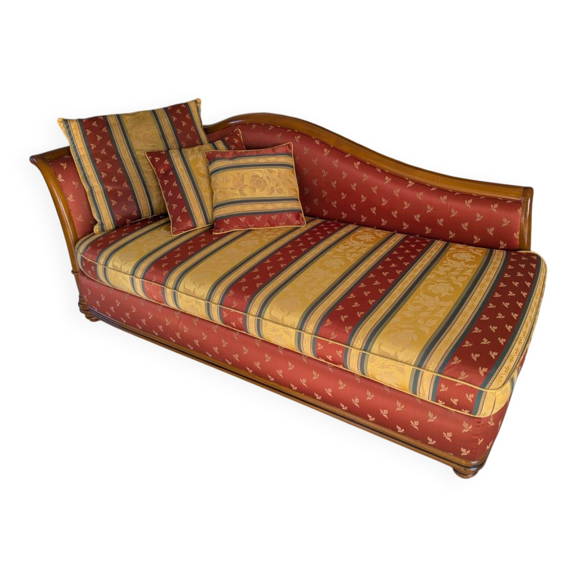 Vintage 3-seater chaise longue – varnished wood – jacquard fabric