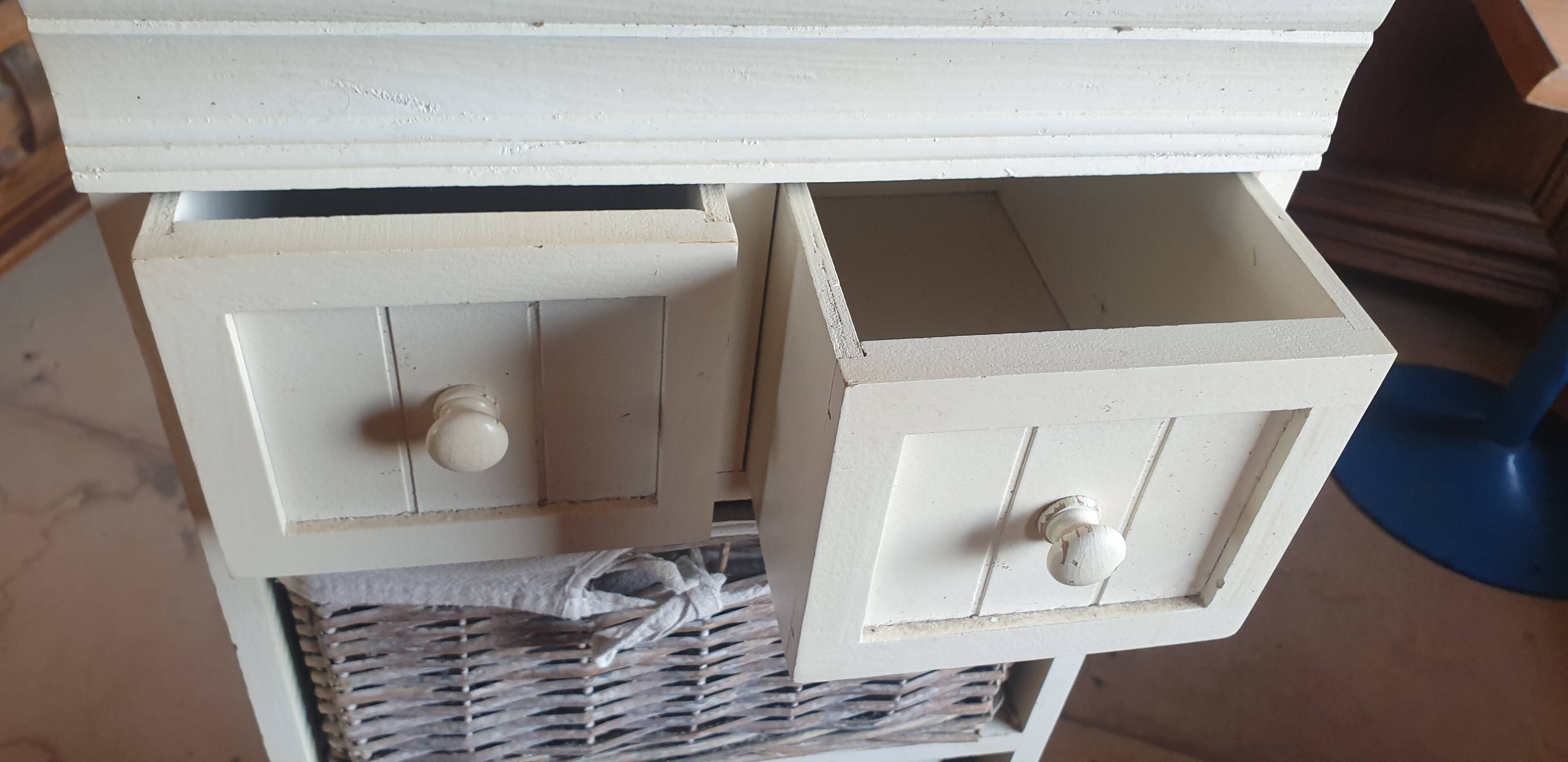 chiffonier, linen chest of drawers made of wood, wicker and fabric