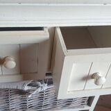 chiffonier, linen chest of drawers made of wood, wicker and fabric