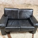 Sofa 2 places black leather year 70'-80' vintage