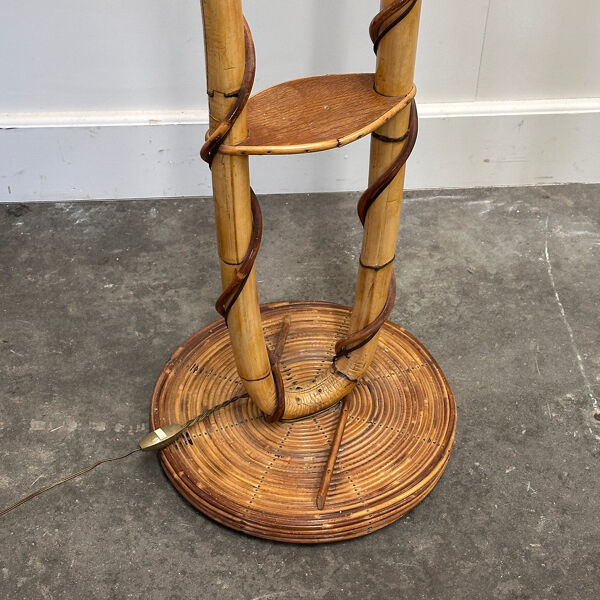 Lampadaire en rotin et osier de Louis Sognot, France, années 1960