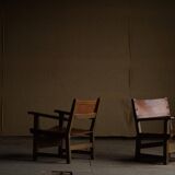 Pair of Spanish brutalist armchairs from the 1960s, wood and leather.