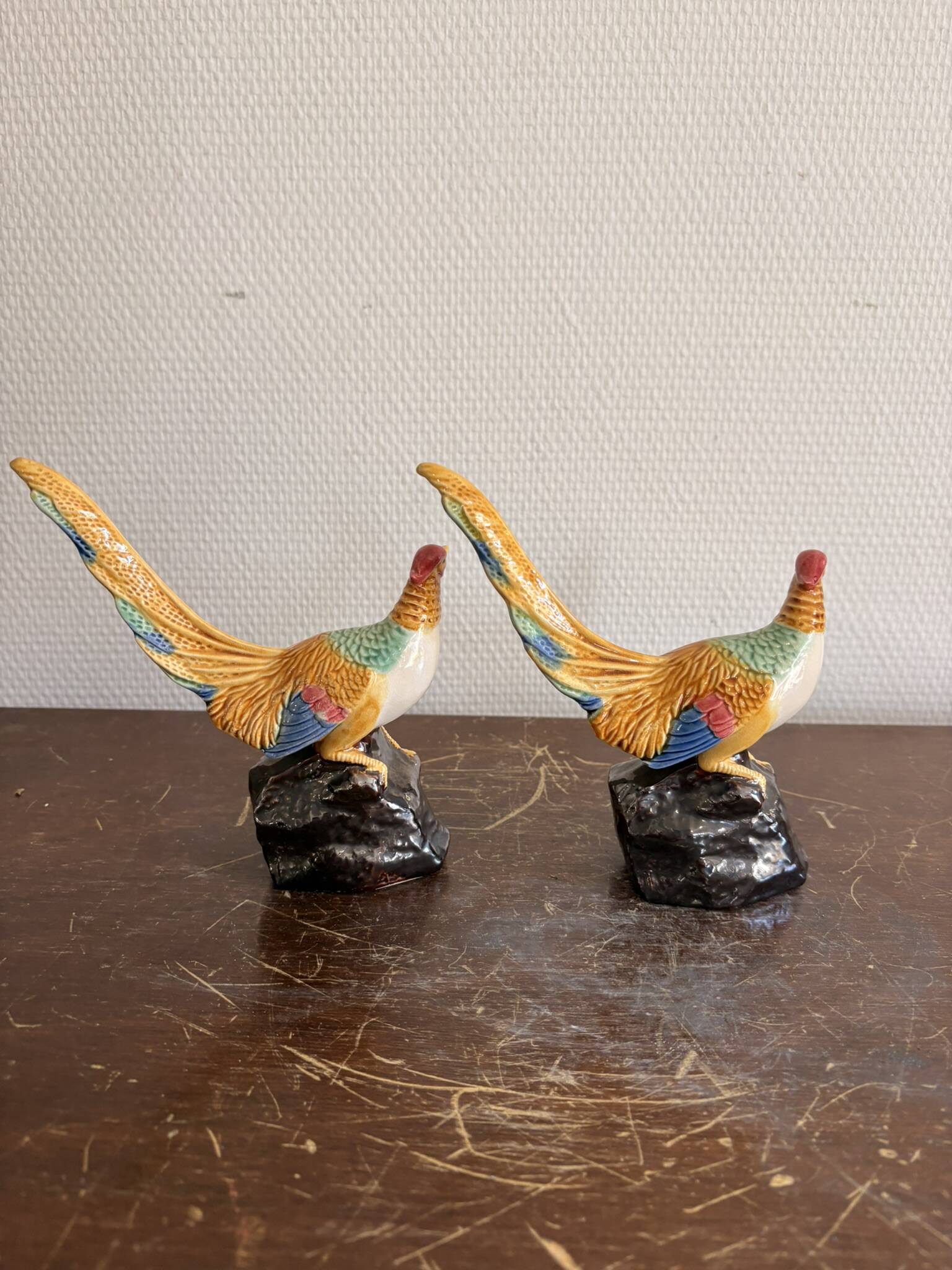 Paire Faisans Barbotine Faïence Art Déco Oiseaux 1930