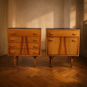 Mid-century bedside tables with ash veneer and black glass by František Mezulánik, Nový Domov, Czechoslovakia, 1970s.