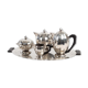 Set of 5 pieces, coffee maker, theière, milk pot, sugar bowl, tray, silver metal