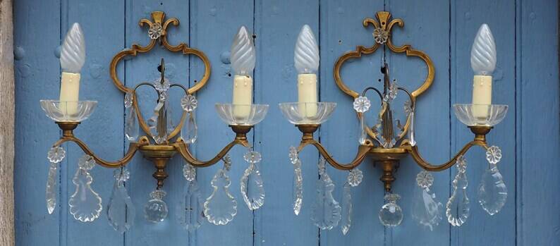 Gilt Bronze French Antique wall Sconces: Crystal Drops, Twin Arms, C1940s