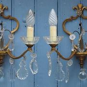 Gilt Bronze French Antique wall Sconces: Crystal Drops, Twin Arms, C1940s