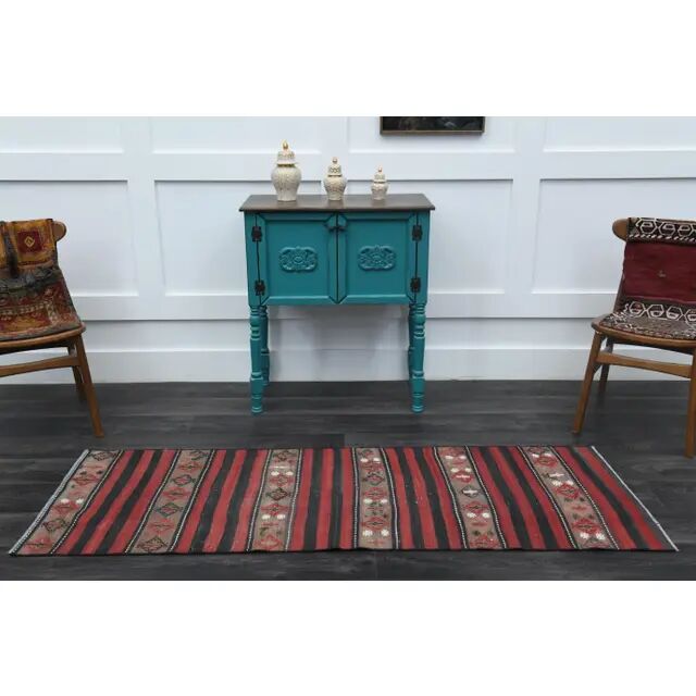 1970s Turkish Oushak handmade wool cotton red kilim runner 71x202