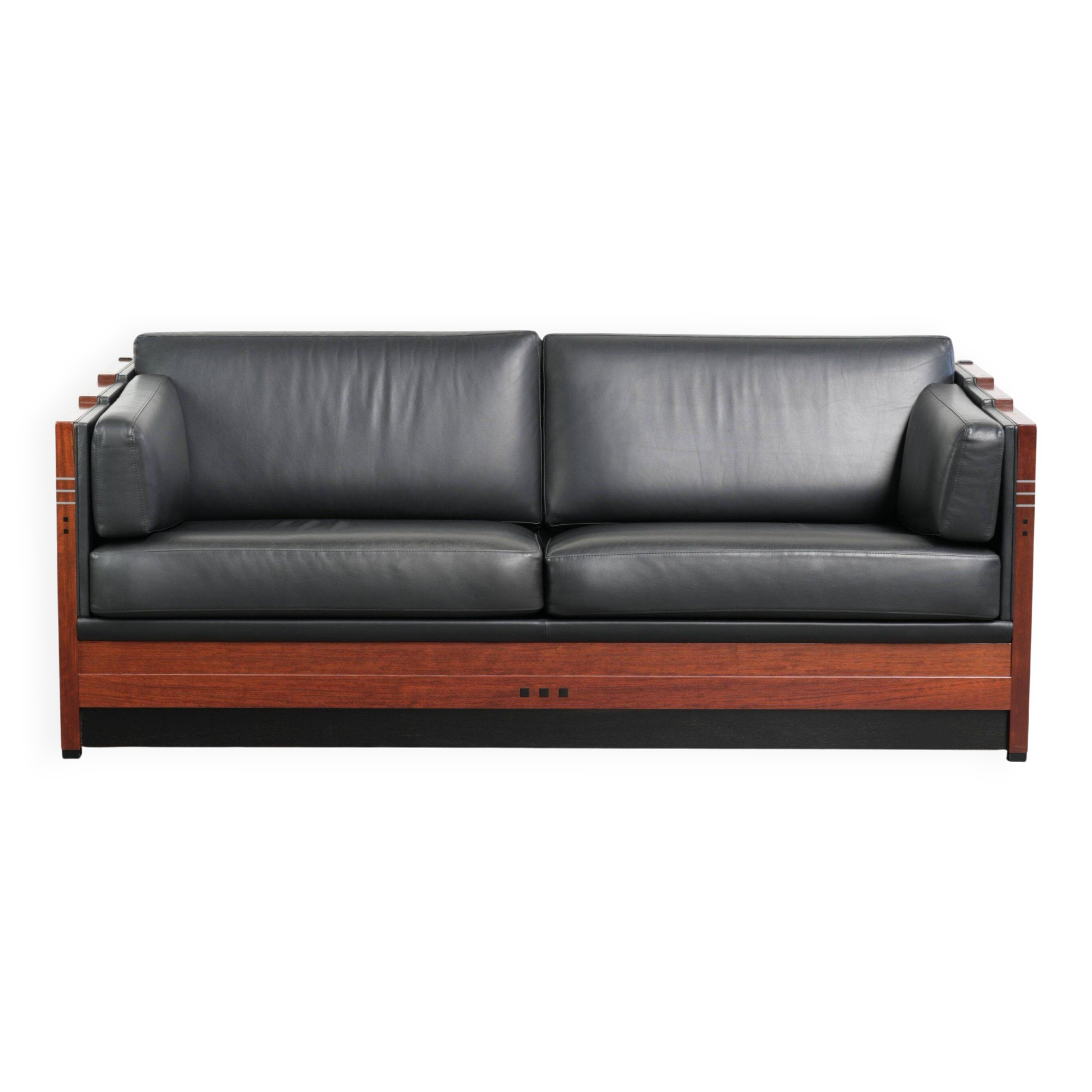 Timeless 3-seater Art Deco design sofa  upholstered in black cowhide leather