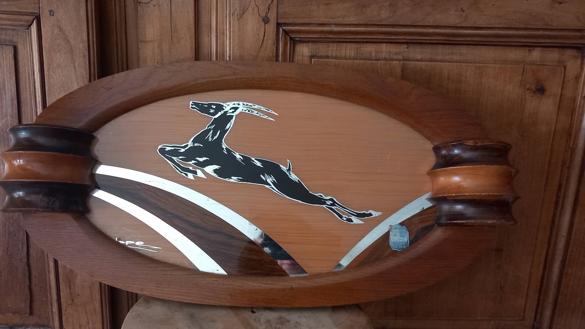 Art Deco service tray in wood and mirror signed Dope, 1930s.