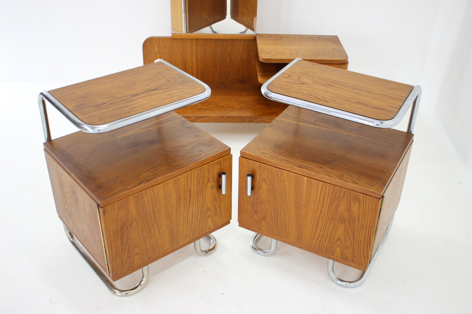 1950s Set of  Oak Bauhaus Mirror Cabinet and Bedside Tables, Czechoslovakia