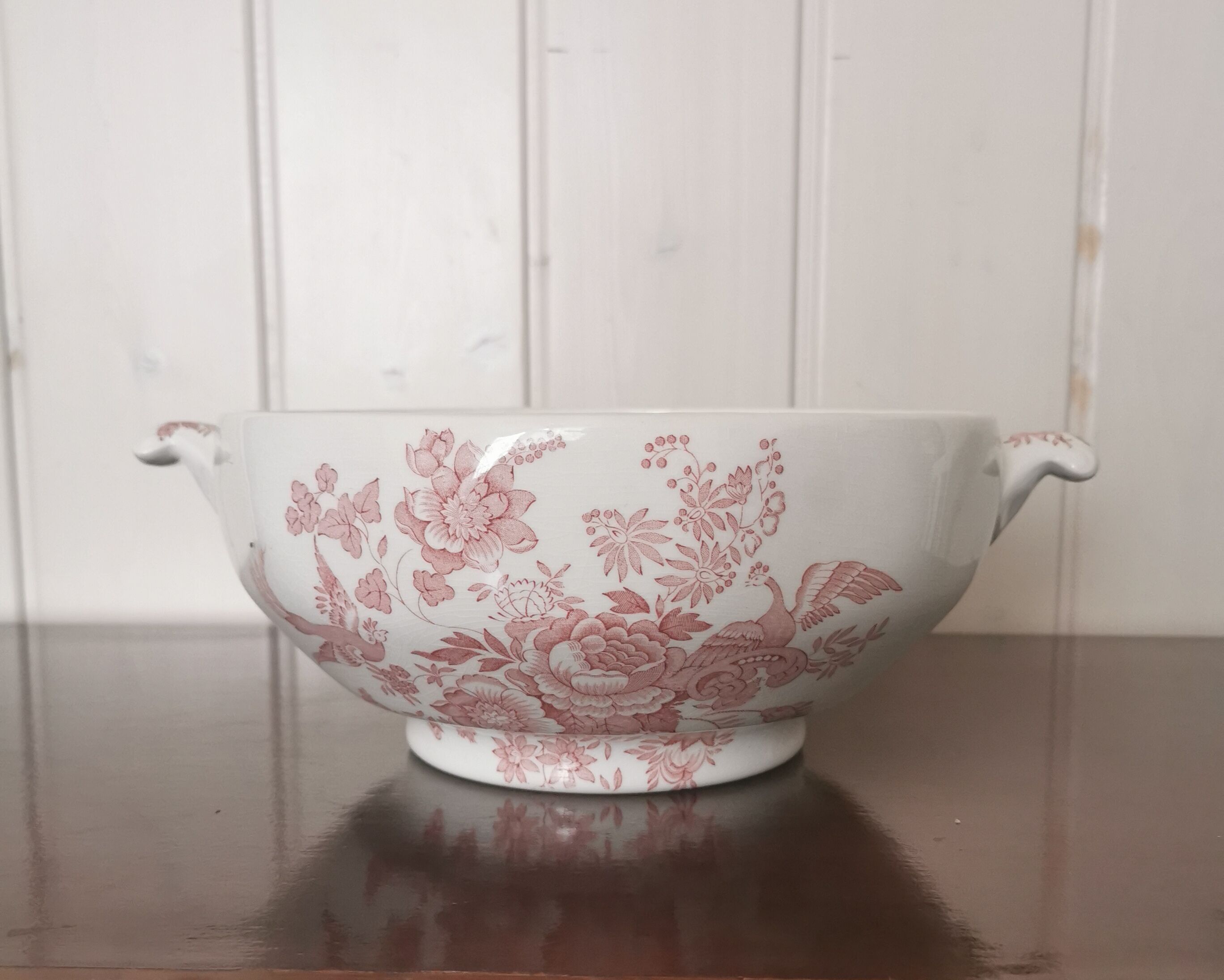 English soup bowl with purple floral motifs