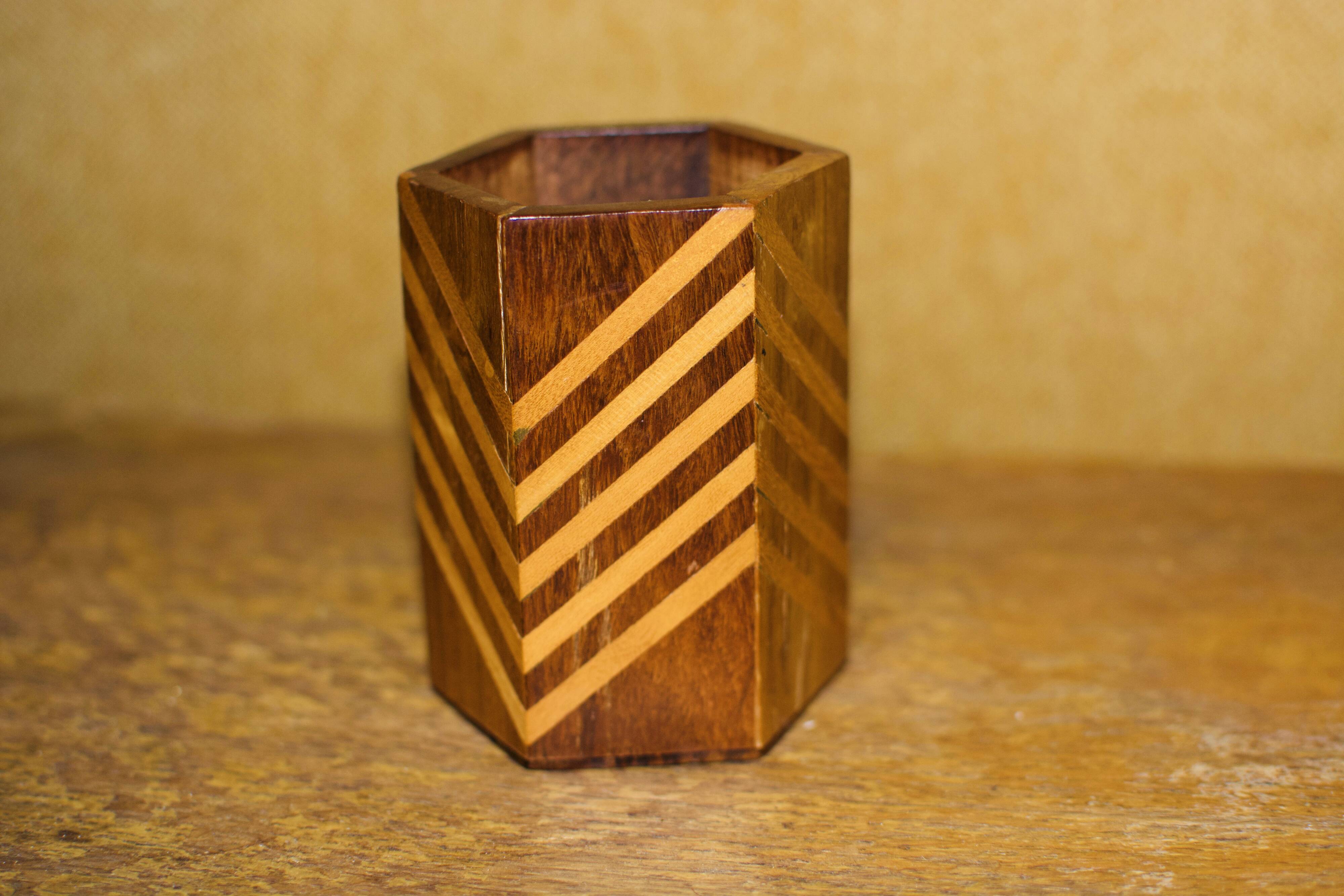 Vintage marquetry pencil pot