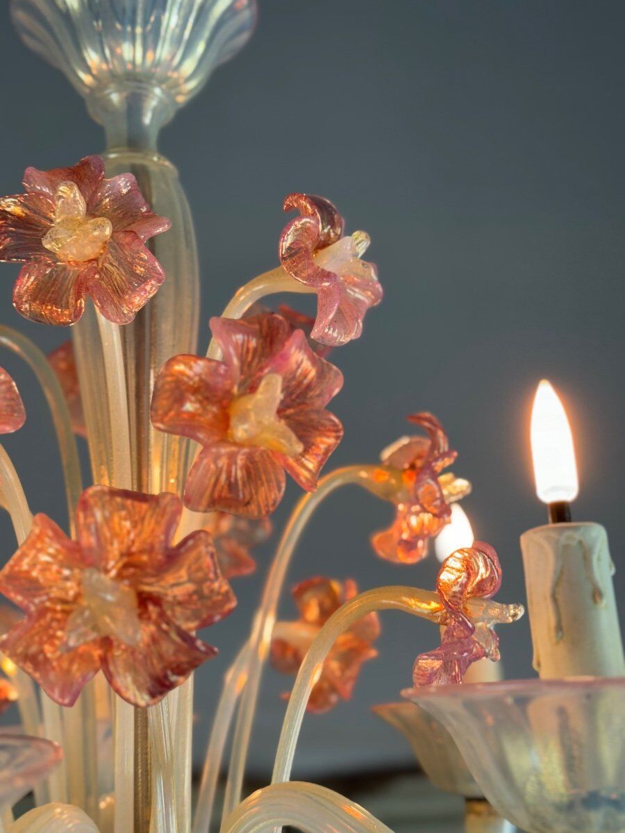 Venetian chandelier, in blue and red Murano glass, five light arms, circa 1950