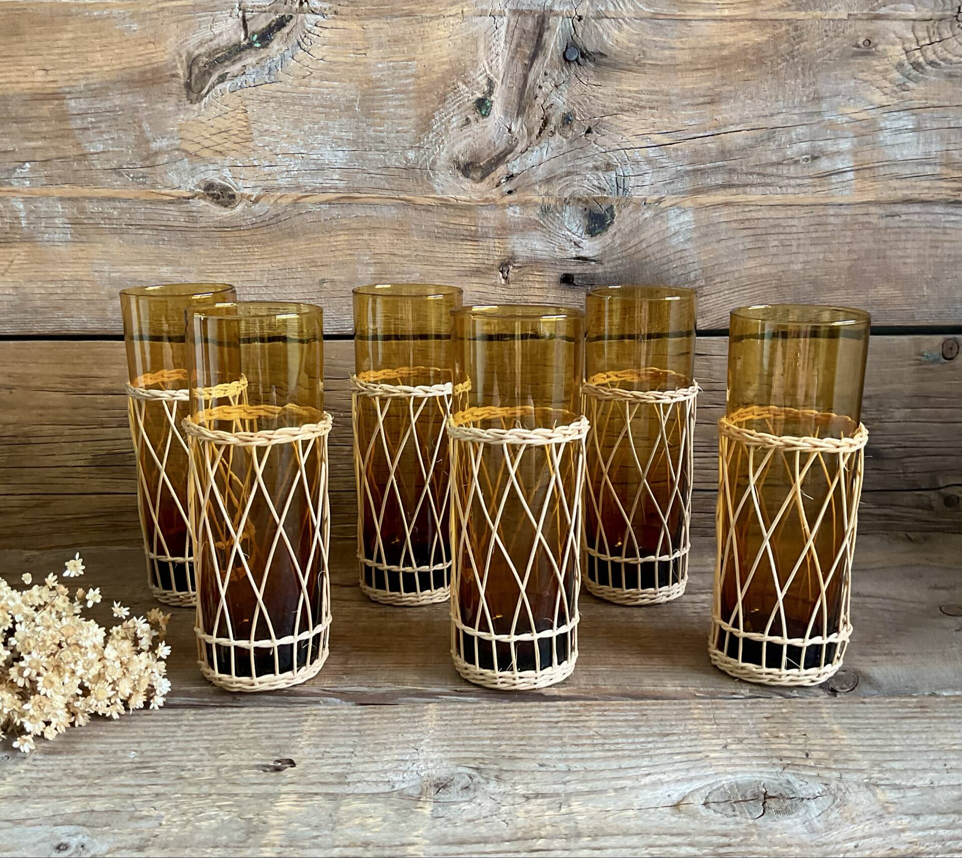 6 amber long drink glasses with wicker
