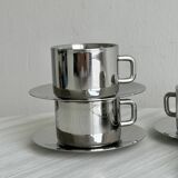 Set of 4 stainless steel coffee cups with saucers