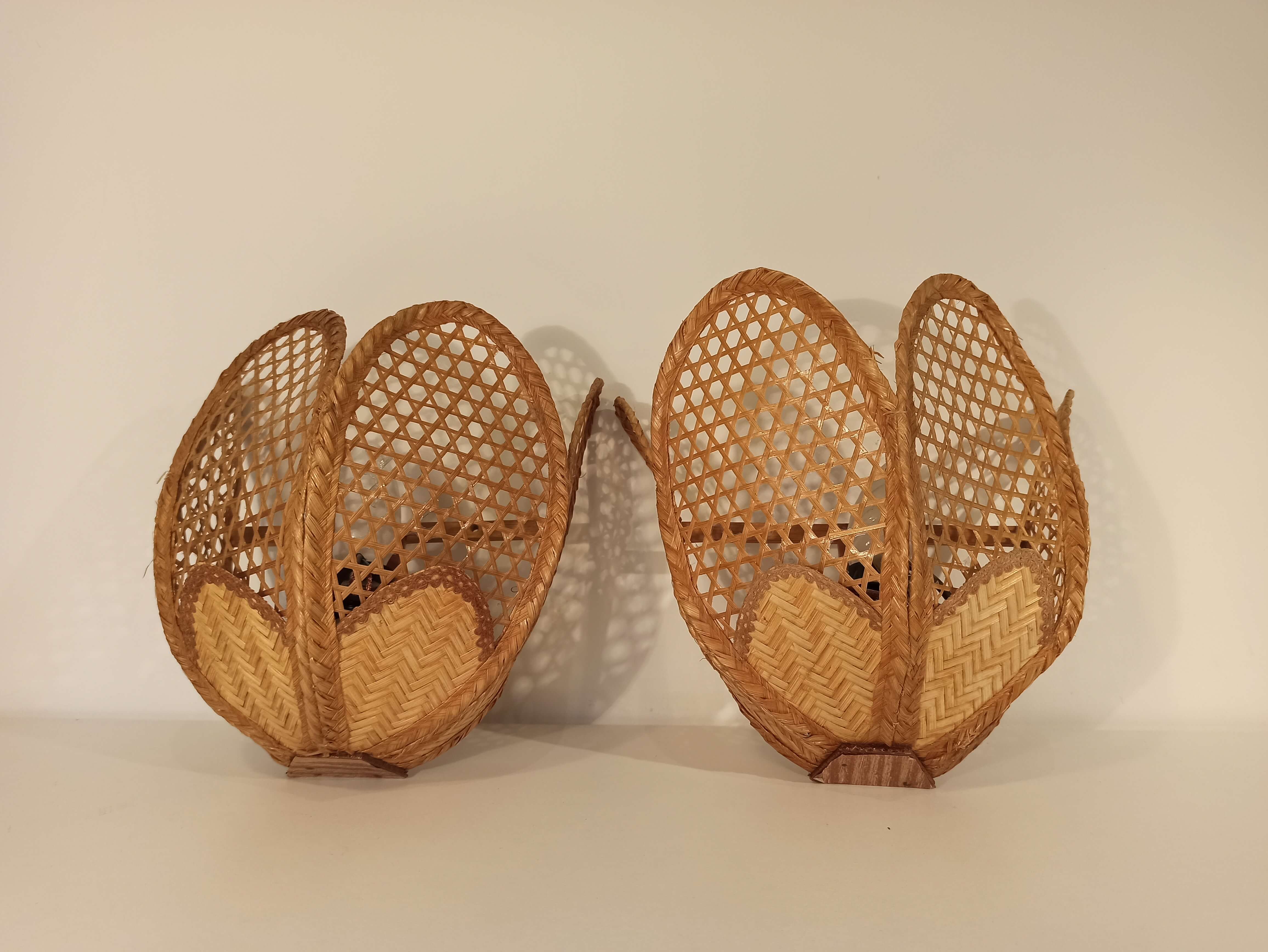 Pair of vintage 1960 wicker wall lamps and cannage half flower shape