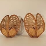 Pair of vintage 1960 wicker wall lamps and cannage half flower shape