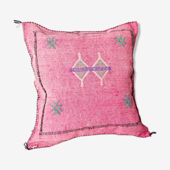 Vegetable silk cushion of cactus embroidery Moroccan Berber motifs pink fuschia