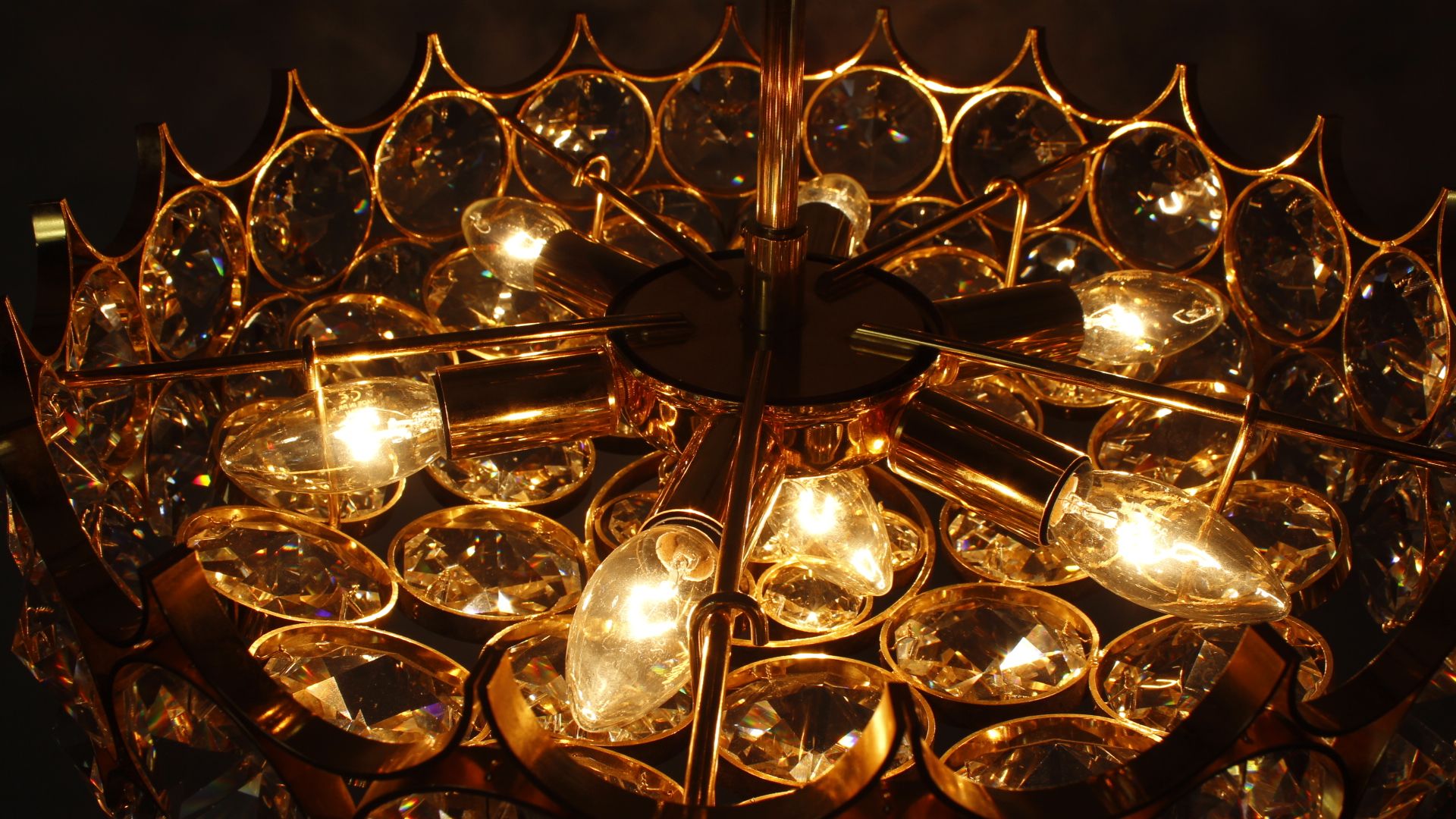 1970s Palwa Chandelier, gold plate and faceted crystals
