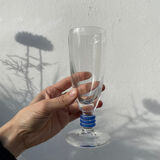 6 clear champagne flutes with blue stems, designer style