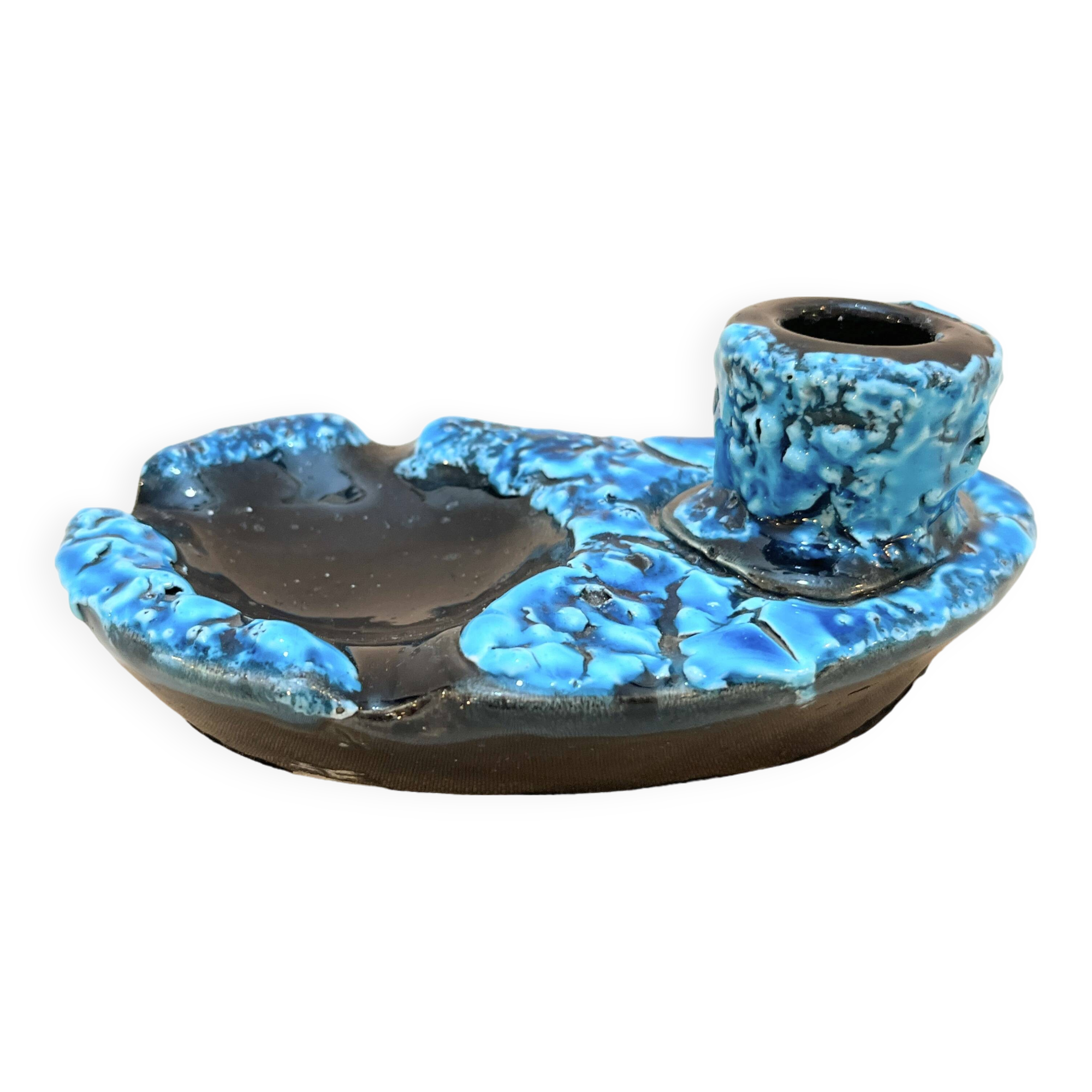 Candle holder ashtray blue fat lava glacier enamels cyclops ceramic pottery Annecy