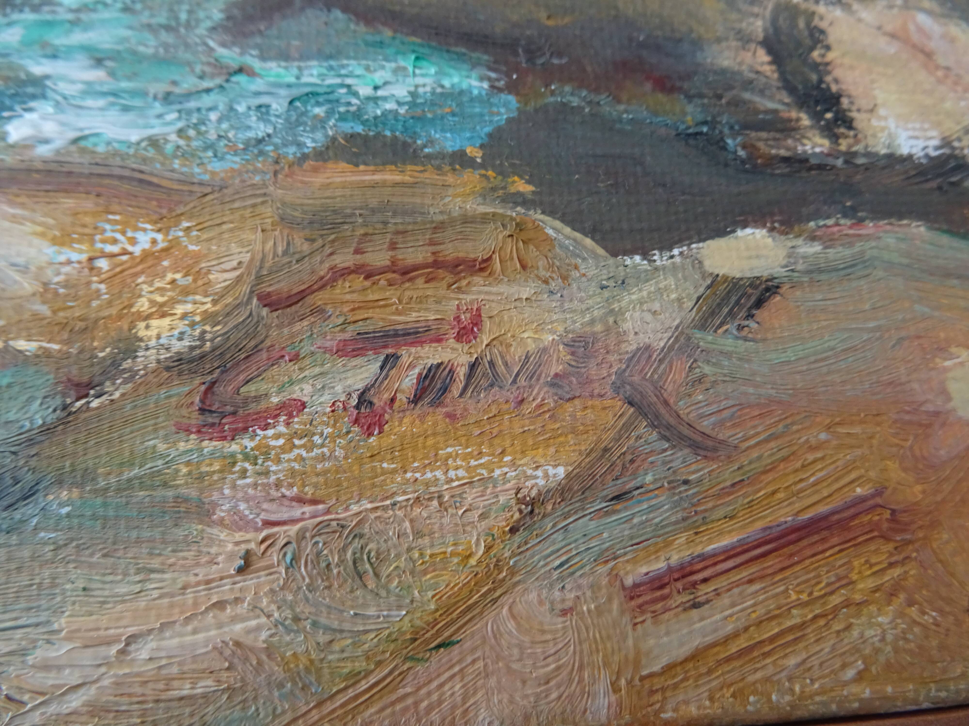 Seaside fisherman painting oil on canvas signed