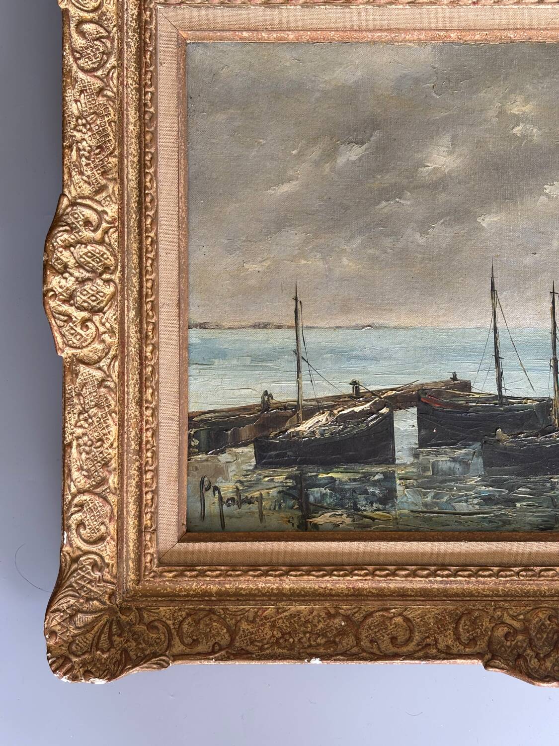 Oil on canvas - boats in the harbour, signed 1964