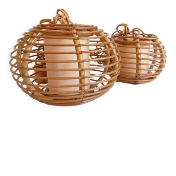 Mid-Century Globe Pendant Lamps, Bamboo & Rattan, c. 1960s