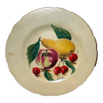 Faience plate in Longwy enamels signed Léa Valentin Les Fruits