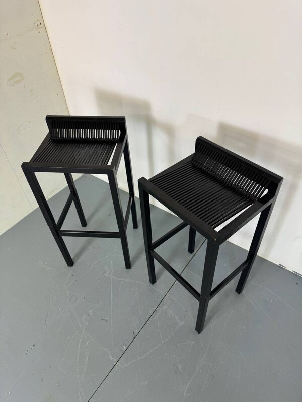 2 tabourets de bar modernistes en bois noir et acier par Ruud Jan Kokke, années 1980