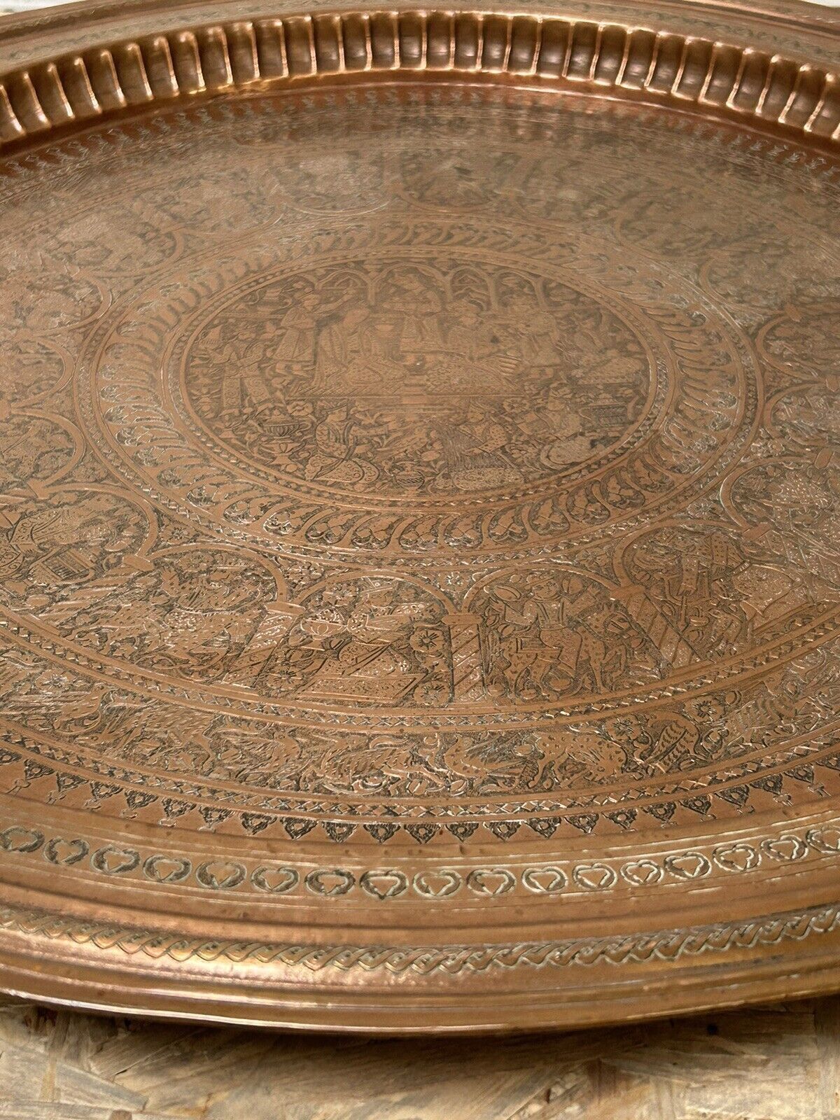 Large ancient copper tray, engraved Persia, offering scenes, vintage ethnic