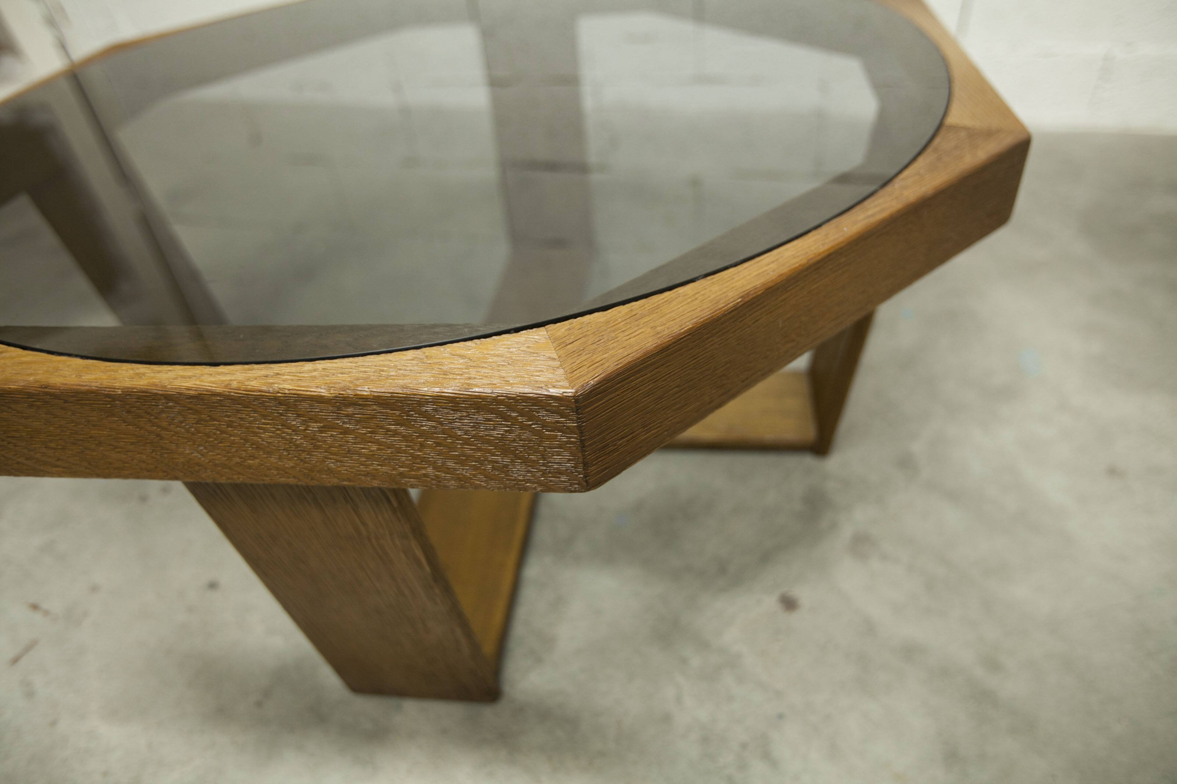 Unique hexagonal table 1977, smoked glass and oak, Swiss made.