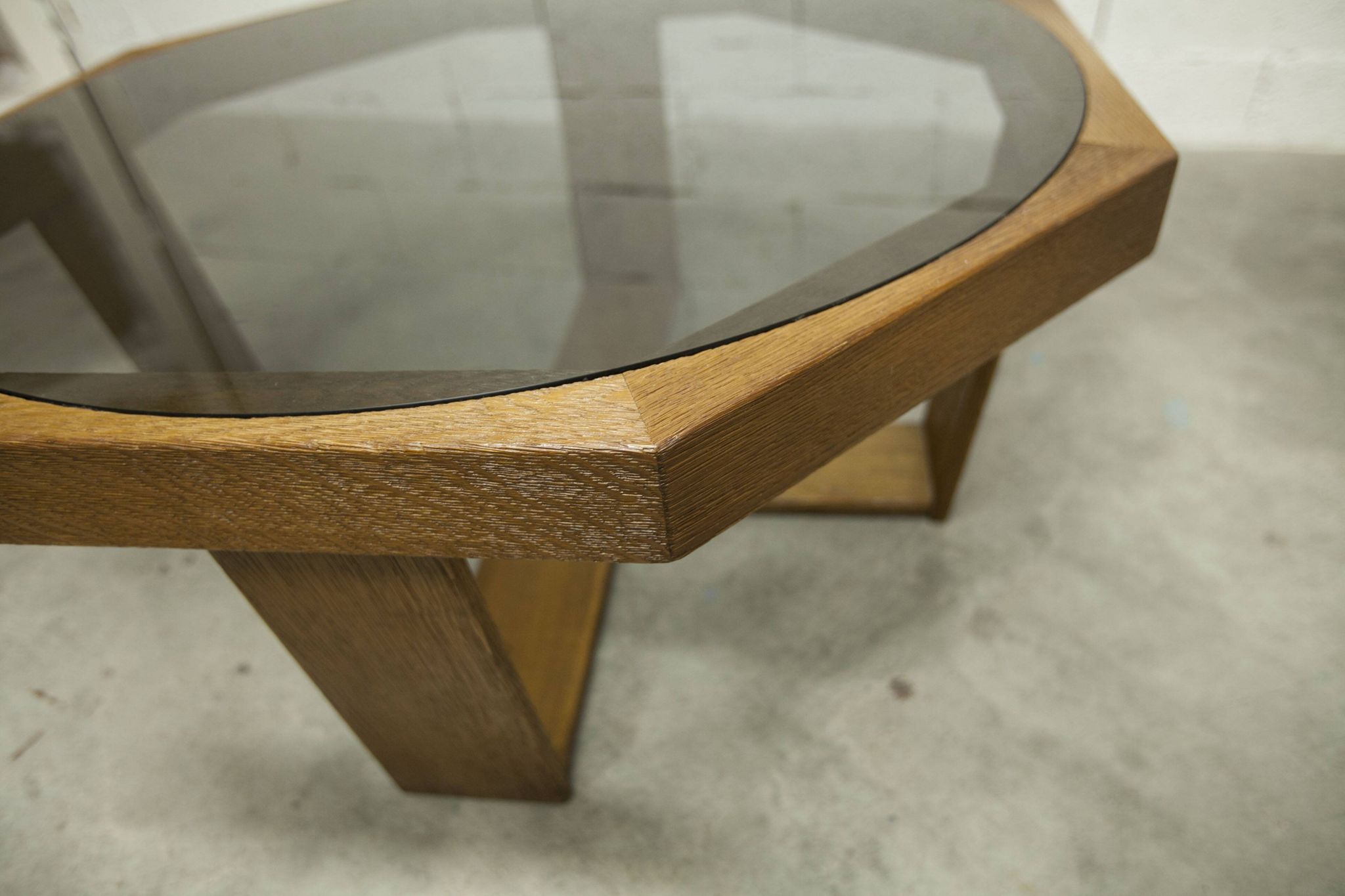 Unique hexagonal table 1977, smoked glass and oak, Swiss made.